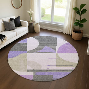 HomeRoots 8' Stylish Lavender Gray & Ivory Geometric Round Rug - Washable, UV Protected, Durable & Soft Comfort 697419