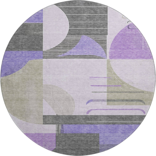 HomeRoots 8' Stylish Lavender Gray & Ivory Geometric Round Rug - Washable, UV Protected, Durable & Soft Comfort 697419