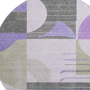 HomeRoots 8' Stylish Lavender Gray & Ivory Geometric Round Rug - Washable, UV Protected, Durable & Soft Comfort 697419