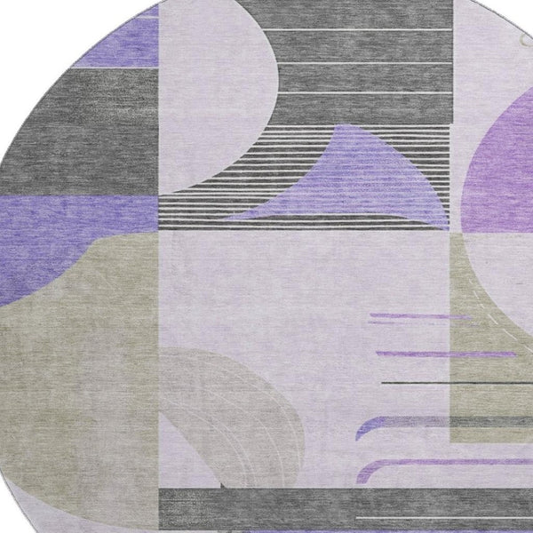 HomeRoots 8' Stylish Lavender Gray & Ivory Geometric Round Rug - Washable, UV Protected, Durable & Soft Comfort 697419