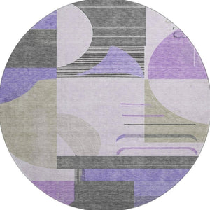 HomeRoots 8' Stylish Lavender Gray & Ivory Geometric Round Rug - Washable, UV Protected, Durable & Soft Comfort 697419