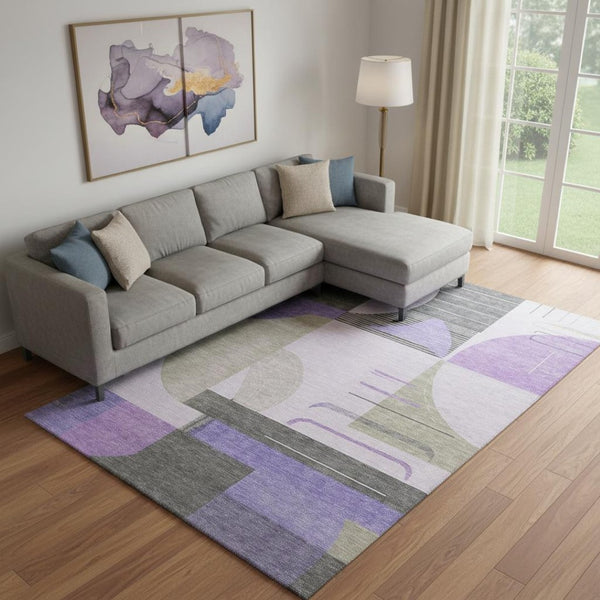 HomeRoots 9' X 12' Modern Lavender Gray & Ivory Geometric Area Rug - Washable, UV Protected, Durable Design 697421