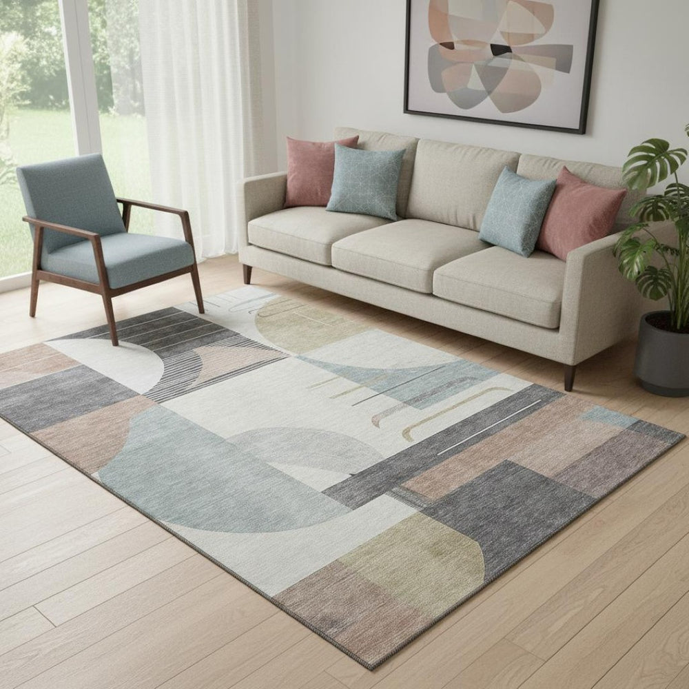 HomeRoots 5' X 8' Modern Rust Ivory Gray Geometric Washable Area Rug with Stain Resistance & UV Protection 697424