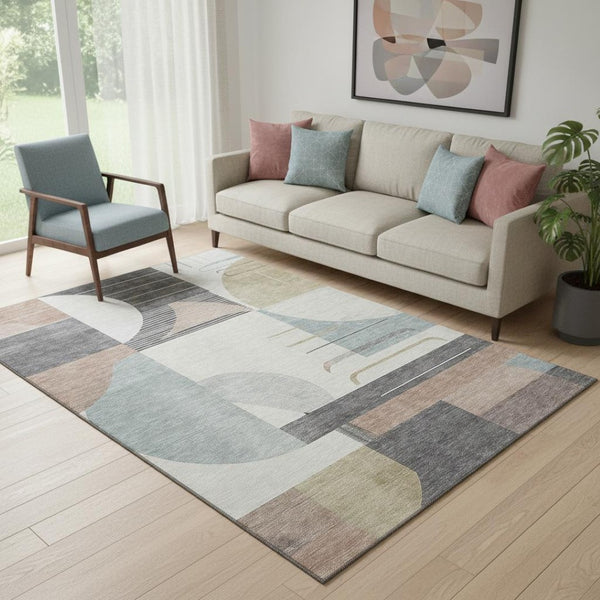 HomeRoots 5' X 8' Modern Rust Ivory Gray Geometric Washable Area Rug with Stain Resistance & UV Protection 697424
