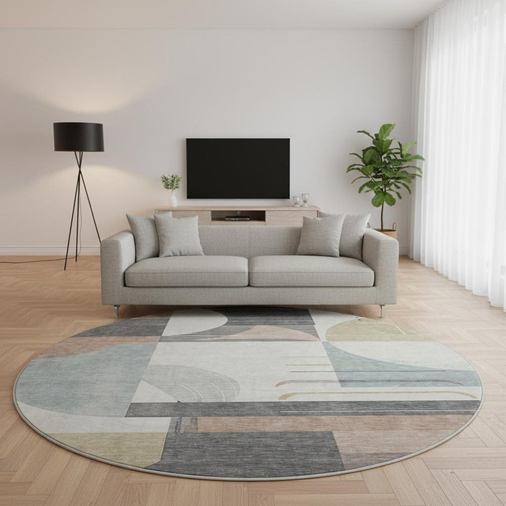 HomeRoots 8' Rust Ivory and Gray Geometric Round Rug - Washable, UV Protected, Perfect for High-Traffic Areas 697425
