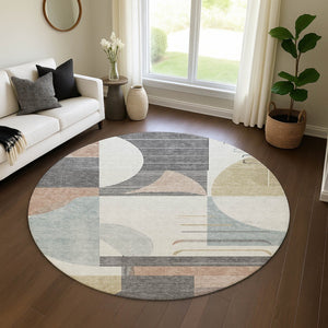 HomeRoots 8' Rust Ivory and Gray Geometric Round Rug - Washable, UV Protected, Perfect for High-Traffic Areas 697425
