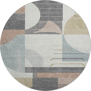 HomeRoots 8' Rust Ivory and Gray Geometric Round Rug - Washable, UV Protected, Perfect for High-Traffic Areas 697425