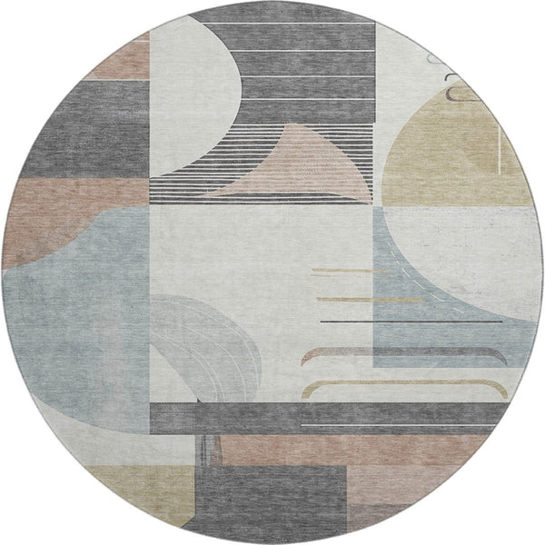 HomeRoots 8' Rust Ivory and Gray Geometric Round Rug - Washable, UV Protected, Perfect for High-Traffic Areas 697425