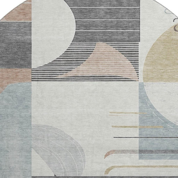 HomeRoots 8' Rust Ivory and Gray Geometric Round Rug - Washable, UV Protected, Perfect for High-Traffic Areas 697425