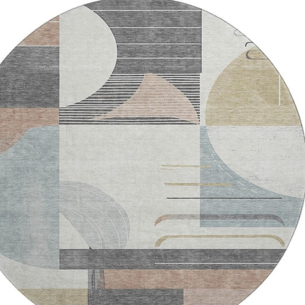 HomeRoots 8' Rust Ivory and Gray Geometric Round Rug - Washable, UV Protected, Perfect for High-Traffic Areas 697425