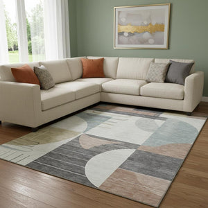 HomeRoots 8' X 10' Modern Geometric Rust, Ivory & Gray Washable Area Rug with UV Protection & Non-Slip Backing 697426