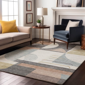 HomeRoots 10' X 14' Stylish Rust Ivory Gray Geometric Area Rug - Durable, Washable, UV Protected for Homes 697428