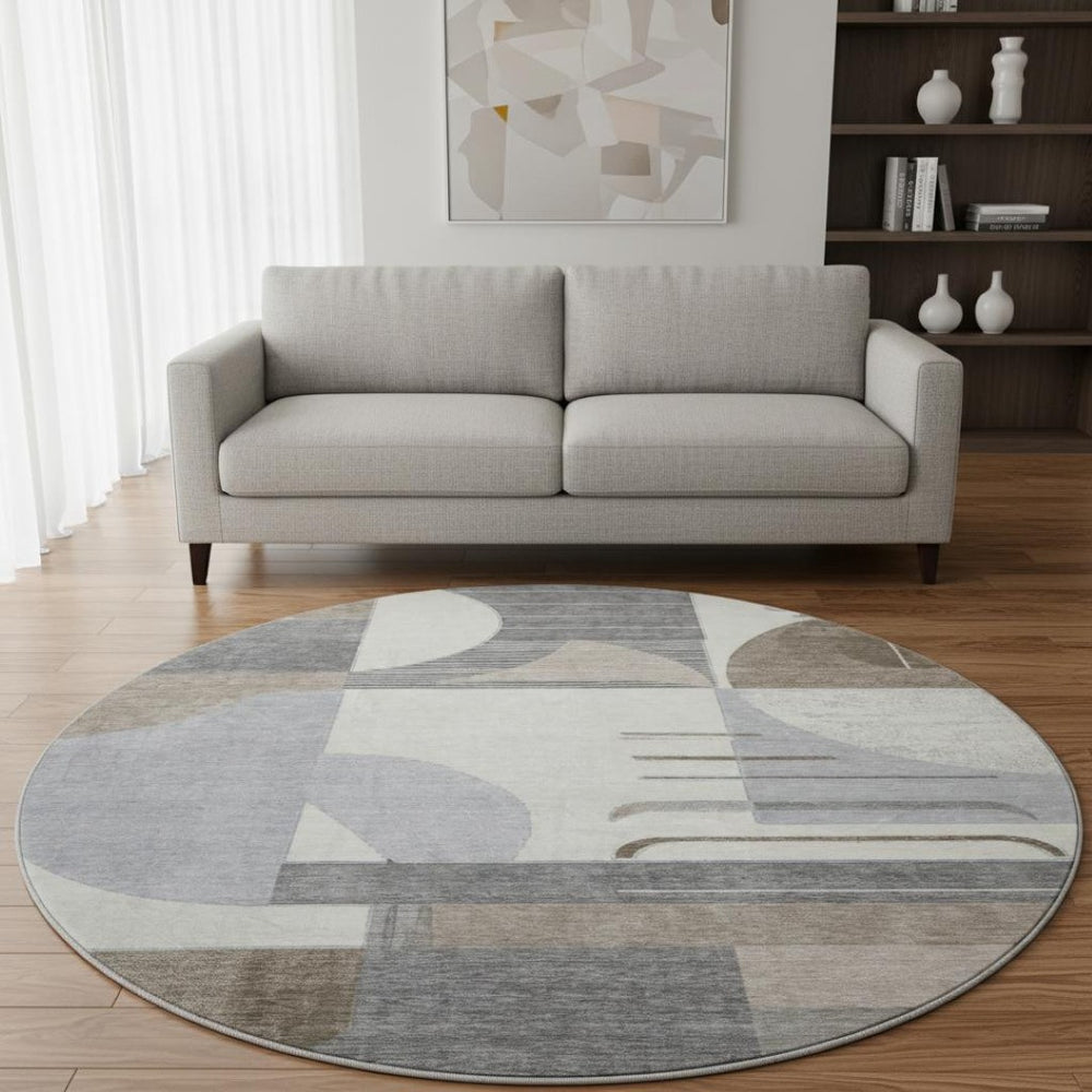 HomeRoots 8' Modern Geometric Washable Round Rug in Taupe, Ivory & Gray - UV Protected, Non-Slip Design! 697431