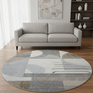 HomeRoots 8' Modern Geometric Washable Round Rug in Taupe, Ivory & Gray - UV Protected, Non-Slip Design! 697431