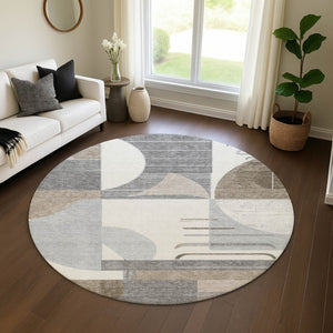 HomeRoots 8' Modern Geometric Washable Round Rug in Taupe, Ivory & Gray - UV Protected, Non-Slip Design! 697431