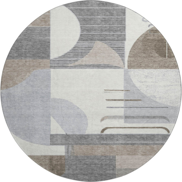 HomeRoots 8' Modern Geometric Washable Round Rug in Taupe, Ivory & Gray - UV Protected, Non-Slip Design! 697431