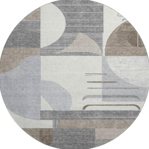 HomeRoots 8' Modern Geometric Washable Round Rug in Taupe, Ivory & Gray - UV Protected, Non-Slip Design! 697431