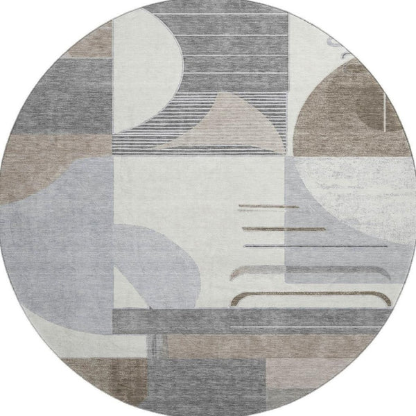 HomeRoots 8' Modern Geometric Washable Round Rug in Taupe, Ivory & Gray - UV Protected, Non-Slip Design! 697431