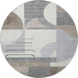HomeRoots 8' Modern Geometric Washable Round Rug in Taupe, Ivory & Gray - UV Protected, Non-Slip Design! 697431