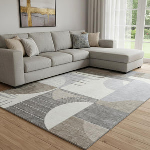 HomeRoots 8' X 10' Stylish Taupe Ivory Gray Geometric Washable Area Rug with UV Protection & Non-Slip Backing 697432