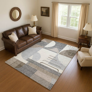 HomeRoots 9' X 12' Stylish Taupe Ivory Gray Geometric Area Rug - Washable, UV Protected, Non-Slip Design 697433
