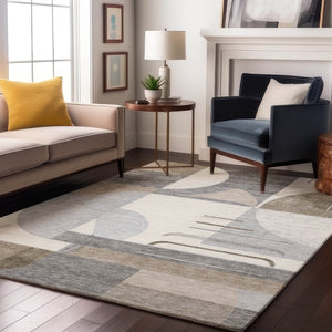 HomeRoots 9' X 12' Stylish Taupe Ivory Gray Geometric Area Rug - Washable, UV Protected, Non-Slip Design 697433