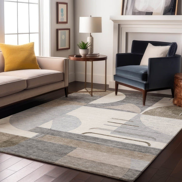 HomeRoots 9' X 12' Stylish Taupe Ivory Gray Geometric Area Rug - Washable, UV Protected, Non-Slip Design 697433