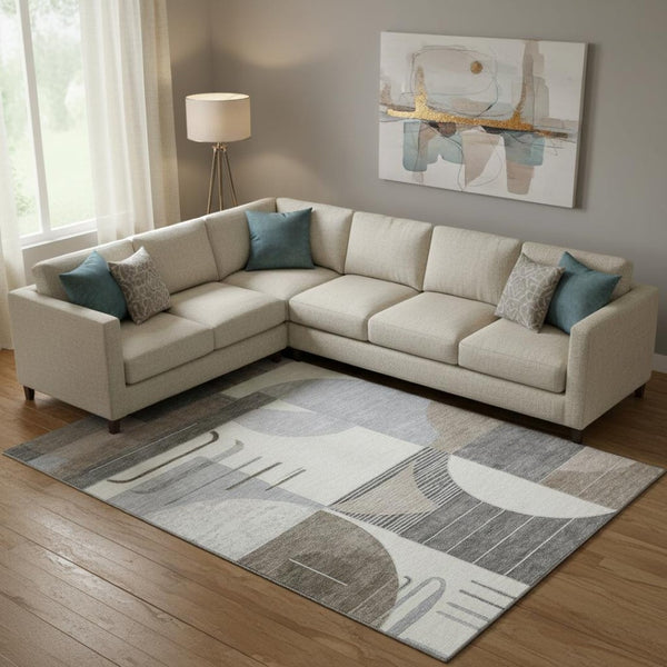 HomeRoots 10' Taupe Ivory Gray Geometric Washable Area Rug - UV Protected & Stain-Resistant for Homes 697434