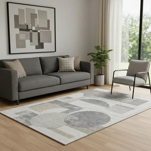 HomeRoots 5' X 8' Modern Beige Gray Silver Geometric Area Rug - Washable, Stain Resistant & UV Protected! 697436