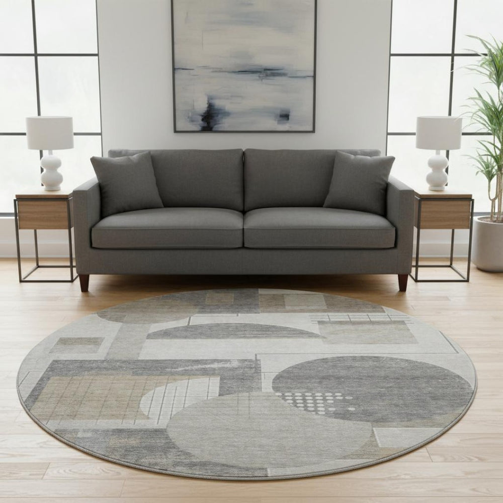 HomeRoots 8' Washable Round Rug in Beige, Gray & Silver - Durable, Stain Resistant, UV Protected for Modern Homes 697437