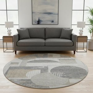 HomeRoots 8' Washable Round Rug in Beige, Gray & Silver - Durable, Stain Resistant, UV Protected for Modern Homes 697437