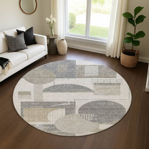 HomeRoots 8' Washable Round Rug in Beige, Gray & Silver - Durable, Stain Resistant, UV Protected for Modern Homes 697437
