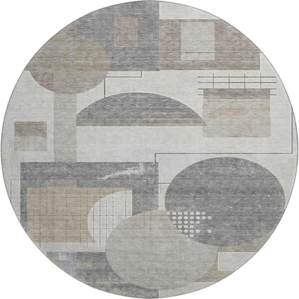HomeRoots 8' Washable Round Rug in Beige, Gray & Silver - Durable, Stain Resistant, UV Protected for Modern Homes 697437