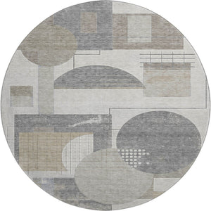 HomeRoots 8' Washable Round Rug in Beige, Gray & Silver - Durable, Stain Resistant, UV Protected for Modern Homes 697437