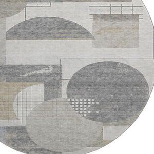 HomeRoots 8' Washable Round Rug in Beige, Gray & Silver - Durable, Stain Resistant, UV Protected for Modern Homes 697437