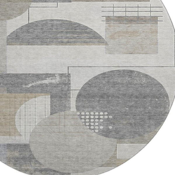 HomeRoots 8' Washable Round Rug in Beige, Gray & Silver - Durable, Stain Resistant, UV Protected for Modern Homes 697437