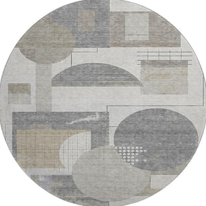 HomeRoots 8' Washable Round Rug in Beige, Gray & Silver - Durable, Stain Resistant, UV Protected for Modern Homes 697437