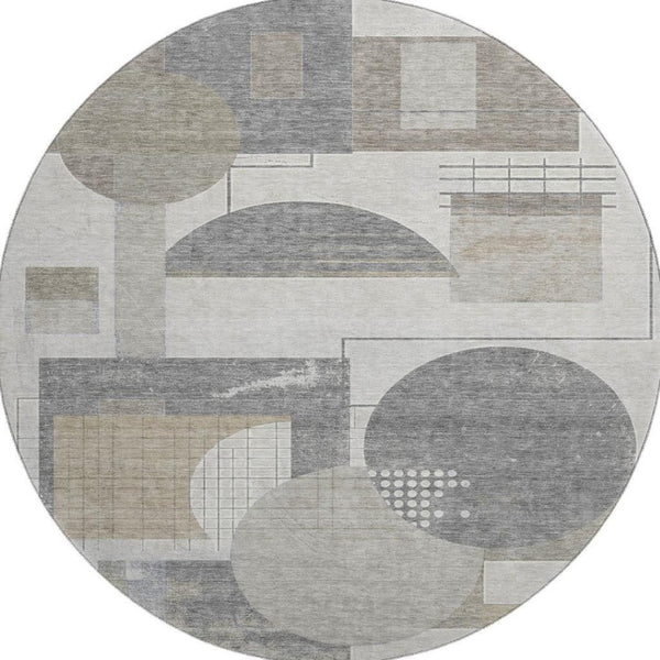 HomeRoots 8' Washable Round Rug in Beige, Gray & Silver - Durable, Stain Resistant, UV Protected for Modern Homes 697437