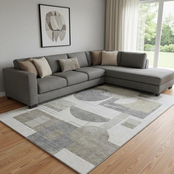 HomeRoots 8' X 10' Stylish Beige Gray Silver Geometric Washable Area Rug with UV Protection for Busy Homes 697438
