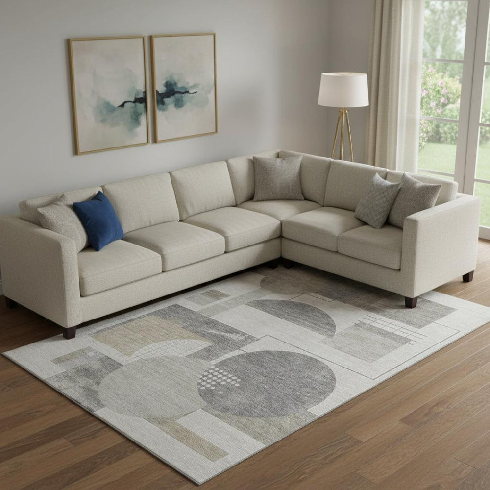 HomeRoots 9' X 12' Stylish Beige Gray Silver Geometric Area Rug - Washable, UV Protected, and Pet Friendly! 697439