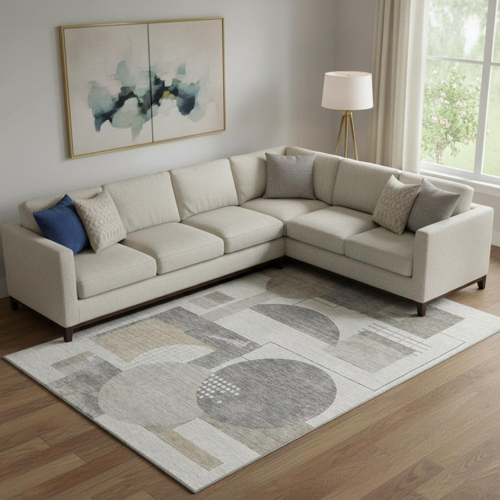 HomeRoots 10' Geometric Beige Gray Silver Washable Area Rug with UV Protection for Stylish Living Spaces 697440