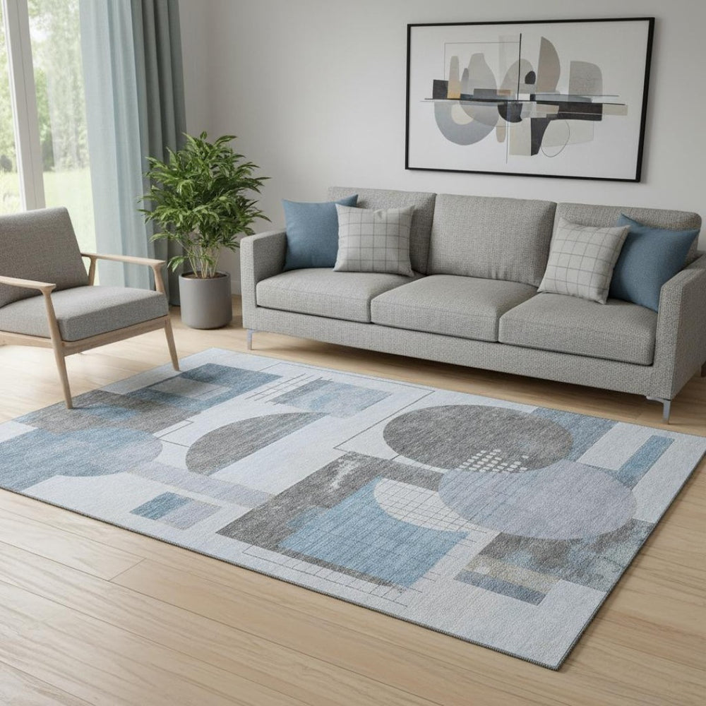 HomeRoots 5' X 8' Blue Gray Ivory Geometric Area Rug - Washable, Stain Resistant, UV Protected for Homes 697442