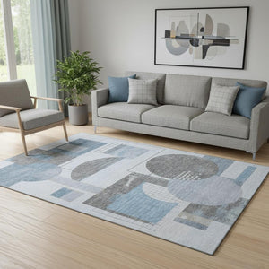 HomeRoots 5' X 8' Blue Gray Ivory Geometric Area Rug - Washable, Stain Resistant, UV Protected for Homes 697442