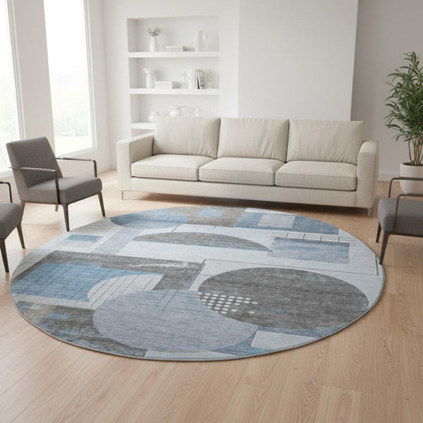 HomeRoots 8' Blue Gray and Ivory Geometric Round Rug - Washable, UV-Protected, Perfect for Homes with Kids! 697443