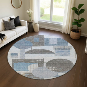 HomeRoots 8' Blue Gray and Ivory Geometric Round Rug - Washable, UV-Protected, Perfect for Homes with Kids! 697443