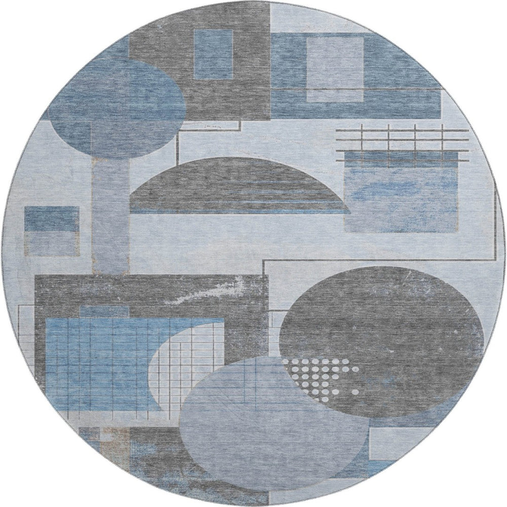 HomeRoots 8' Blue Gray and Ivory Geometric Round Rug - Washable, UV-Protected, Perfect for Homes with Kids! 697443