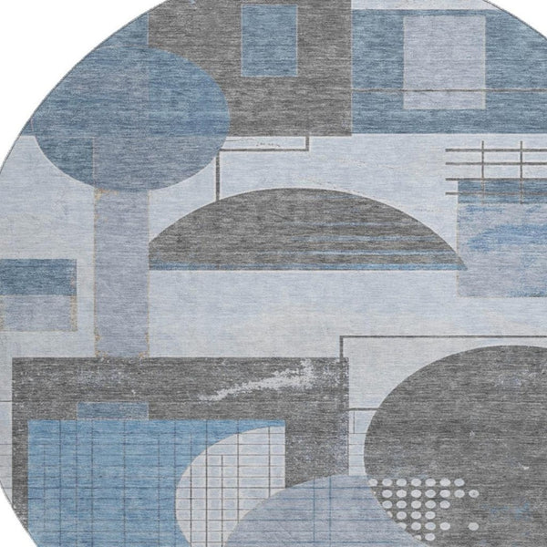 HomeRoots 8' Blue Gray and Ivory Geometric Round Rug - Washable, UV-Protected, Perfect for Homes with Kids! 697443