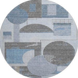 HomeRoots 8' Blue Gray and Ivory Geometric Round Rug - Washable, UV-Protected, Perfect for Homes with Kids! 697443