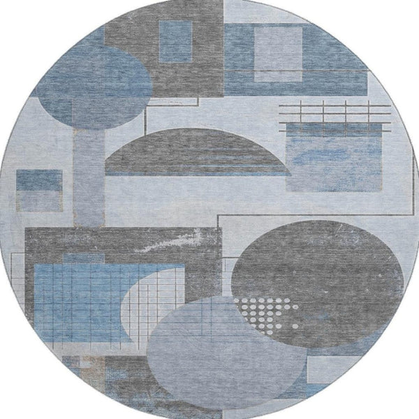 HomeRoots 8' Blue Gray and Ivory Geometric Round Rug - Washable, UV-Protected, Perfect for Homes with Kids! 697443