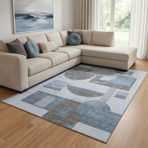 HomeRoots 8' X 10' Washable Blue-Gray & Ivory Geometric Area Rug - UV Protected, Stain Resistant & Non-Slip! 697444